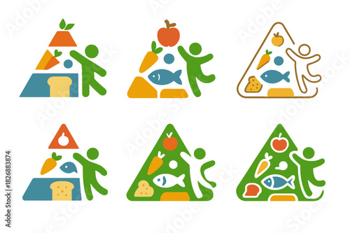 Childhood Obesity Icons. childhood obesity prevention. Icon set. Set Logo of childhood obesity prevention: food pyramid with playful elements. harmonious logo