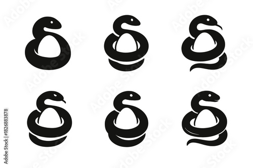Snake Logo Variations. Snake. Icon set. Set Logo of snake: Snake coiled around egg. harmonious logo variations of the same emblematic concept, each with