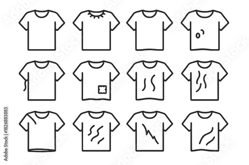 Used T-shirt Icons. Used T-shirt. Line icon set of Used T-shirt: t-shirt, frayed collar, faded fabric, small hole, loose threads, patched area, stretched hem,
