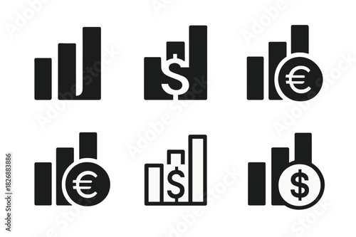 Business Profit Logos. business profit. Icon set. Set Logo of business profit: upward bars with currency symbol. harmonious logo variations of the same