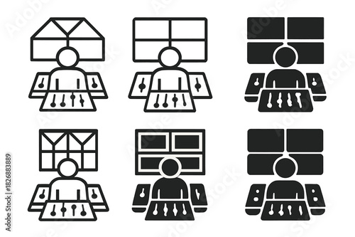 TV Control Room Logos. TV control room and technicians. Icon set. Set Logo of TV control room and technicians: sound mixing desk. harmonious logo variations of