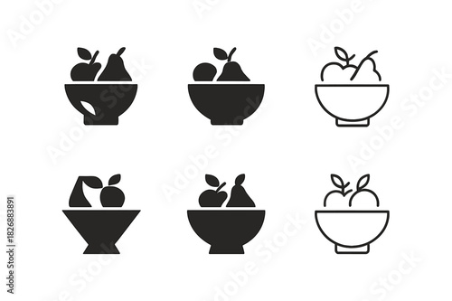 Fruit Bowl Icons. Bowl. Icon set. Set Logo of bowl: fruit bowl. harmonious logo variations of the same emblematic concept, each with different artistic