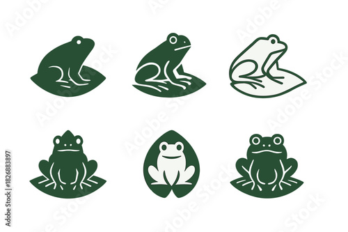 Wetlands Icon Set. Wetlands. Icon set. Set Logo of wetlands: frog silhouette on a leaf. harmonious logo variations of the same emblematic concept, each with