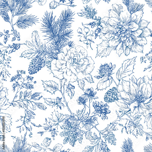 Christmas Floral Blue Toile