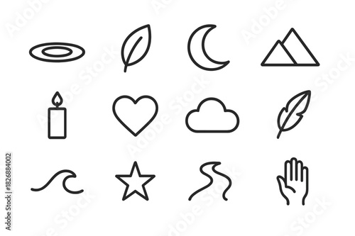 Tranquil Line Icons. Tranquility. Line icon set of tranquility: water ripple, leaf, moon, mountain, candle, heart, cloud, feather, wave, star, path, hand. All