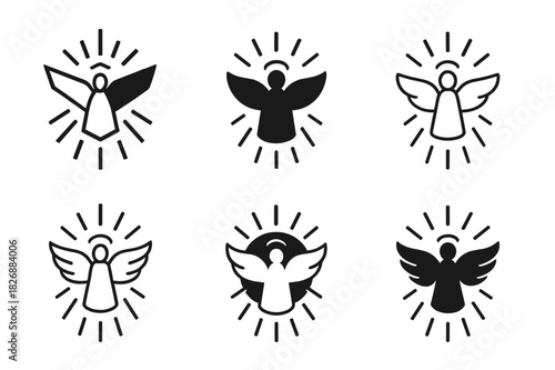Angelic Logo Variations. angelic presence. Icon set. Set Logo of angelic presence: floating angel with light rays. harmonious logo variations of the same