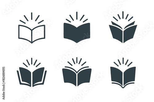 Glowing Book Logos. Bookish ambiance. Icon set. Set Logo of bookish ambiance: Open book with glowing pages. harmonious logo variations of the same emblematic