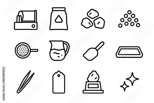 Rock Tumbling Icons. Rock tumbling and polishing. Line icon set of rock tumbling and polishing: tumbler barrel, grit bag, rough stones, polishing media, sieve,