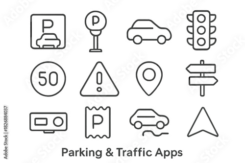 Parking Icon Set. Parking & Traffic Apps. Line icon set of Parking & Traffic Apps: parking lot, parking meter, car icon, traffic light, speed limit sign,
