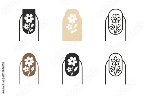 Pressed Flowers Manicure. pressed flowers manicure. Icon set. Set Logo of pressed flowers manicure: blooming nail tips. harmonious logo variations of the same