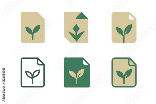 Biodegradable Icons Collection. Biodegradable materials. Icon set. Set Logo of biodegradable materials: paper icon with plant. harmonious logo variations of