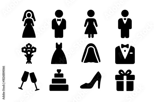 Wedding Icon Set. Wedding party. Solid icon set of Wedding party: bride, groom, bridesmaid, groomsman, bouquet, wedding dress, veil, tuxedo, champagne glasses,