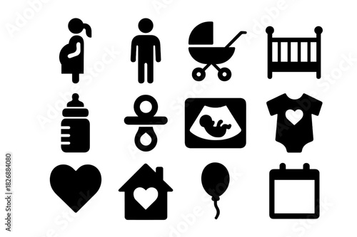 Family Preparation Icons. Family preparation. Solid icon set of Family preparation: pregnant mother, father, baby stroller, crib, baby bottle, pacifier,