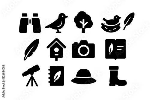 Birding Essentials Icons. Birding trip. Solid icon set of Birding trip: binoculars, bird, tree, nest, feather, birdhouse, camera, field guide, telescope,