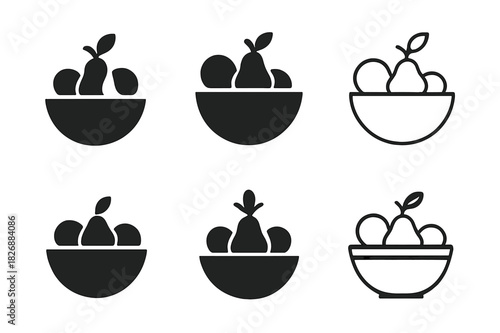 Fruit Bowl Icons. Bowl. Icon set. Set Logo of bowl: fruit bowl. harmonious logo variations of the same emblematic concept, each with different artistic