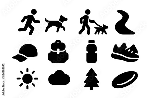 Black Icon Set. Running Companion. Solid icon set of runner, dog, leash, trail, hat, backpack, water bottle, sneakers, sun, cloud, tree, frisbee. Filled icons