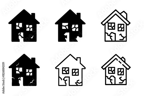 Abandoned House Logos. Dilapidated house with no sign of life. Icon set. Set Logo of abandoned home: shattered windows. harmonious logo variations of the same