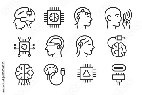 Neural Interface Icons. Neural Interfaces. Line icon set of Neural Interfaces: brain implant, neural chip, EEG sensor, mind-control interface, cybernetic