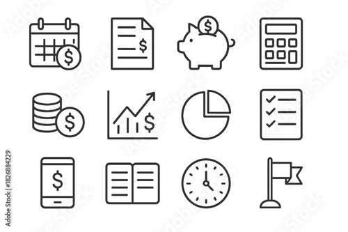 Financial Planning Icons. Financial Planning. Line icon set of Financial Planning: calendar with payday, budget sheet, piggy bank, calculator, coins, savings