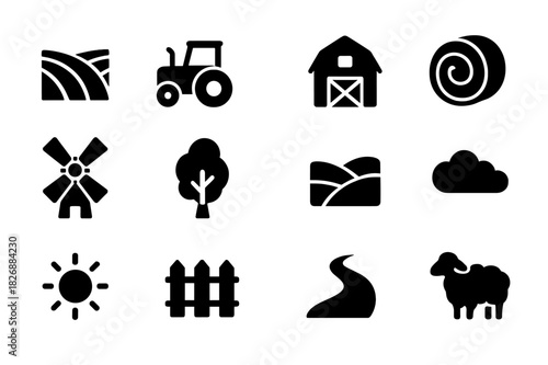 Countryside Icon Grid. Countryside landscape. Solid icon set of countryside landscape: field, tractor, barn, hay bale, windmill, tree, hill, cloud, sun, fence,