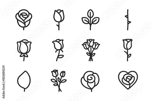 Rose Icon Set. Rose. Line icon set of Rose: rose flower, rosebud, stem with leaves, thorned stem, blooming rose, wilted rose, rose bouquet, rose in vase,