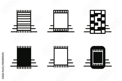 Living Room Rugs Icons. Choosing rugs for a living room. Icon set. Set Logo of choosing rugs for a living room: rug on wooden floor. harmonious logo variations