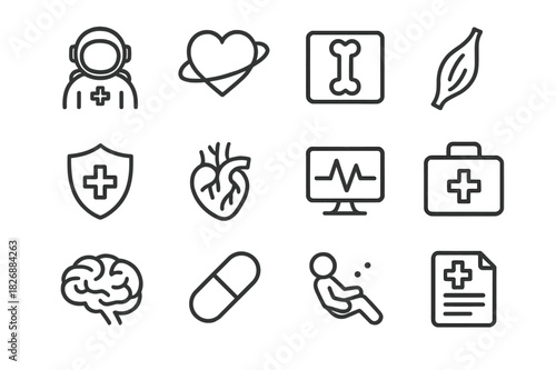 Space Medicine Icons. Space medicine. Line icon set of space medicine: astronaut health, heart in orbit, bone scan, muscle symbol, immune system, blood