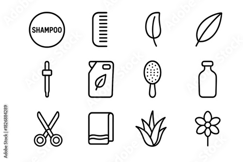 Green Haircare Icons. Green haircare. Line icon set of green haircare: shampoo bar, conditioner bar, bamboo comb, leaf, dropper, refill pouch, hairbrush, glass