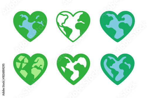Eco-friendly Heart Logos. Eco-friendly mindset. Icon set. Set Logo of eco-friendly mindset: heart-shaped earth. harmonious logo variations of the
