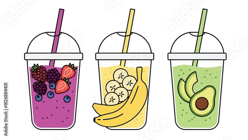 Three delicious and healthy fruit smoothies in clear plastic cups with straws, showcasing colorful ingredients