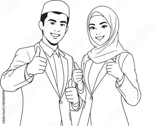 Smiling couple giving thumbs up in clean black line art, isolated PNG.