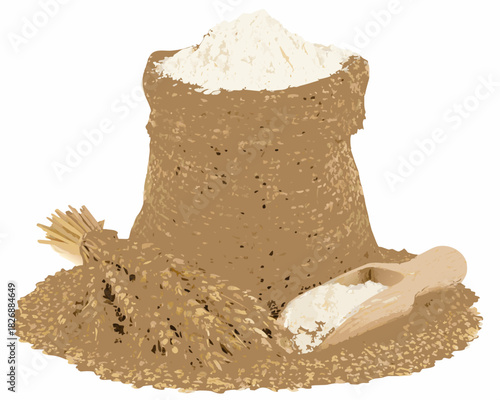 Bag of flour with wheat stalks and wooden scoop
