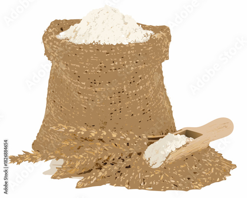 Burlap sack overflowing with white flour and wheat grains with a wooden scoop