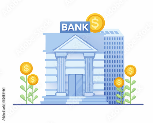 Bank building with growing money coins and dollar symbols on white background
