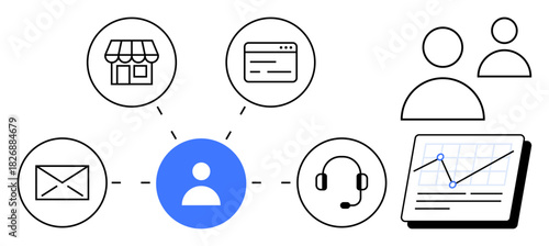 User icon links to a store, webpage, email, headset, and analytics chart. Ideal for communication, CRM, marketing service e-commerce analytics and networking concepts. Simple flat metaphor