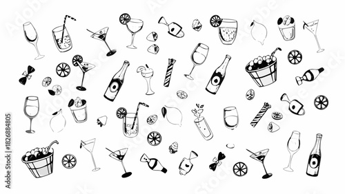 Hand drawn collection of summer drinks cocktails and party elements