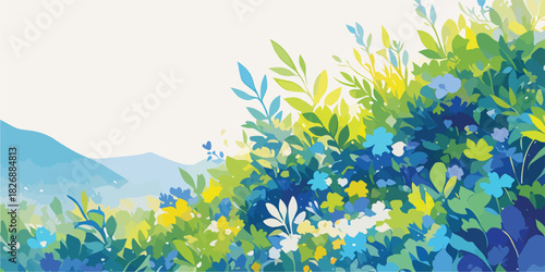 青い空と緑豊かな自然の風景、春の野花が咲き乱れる美しいイラストレーション。
