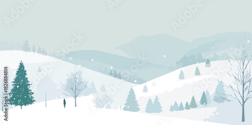 雪景色の中、丘を越えて続く雪山の風景。冬の静寂と自然の美しさを描いたベクターイラスト。