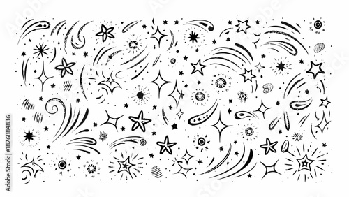 Hand drawn starbursts and shooting stars collection black and white