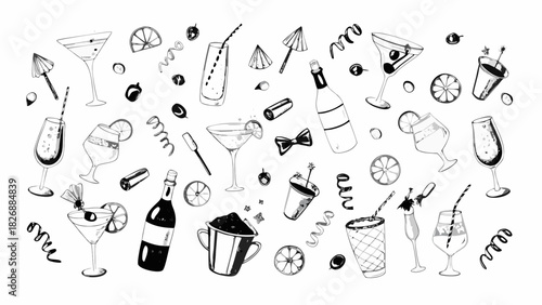 Hand drawn cocktail party elements and drinks scattered on white background
