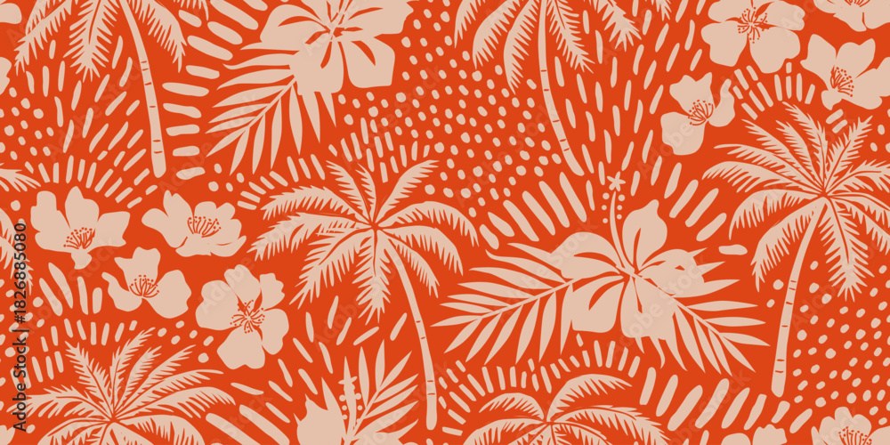 Fototapeta premium Tropical seamless pattern with hand drawn palm trees. Hawaiian florals summer background for fabric, textiles, clothing, poster, cover, decoration, banner, wallpaper, interior. Vector illustration.