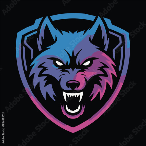 A vector logo illustration of a snarling wolf head enclosed within a stylized shield emblem. The wolf's fur exhibits a dynamic neon gradient shifting from electric blue to vibrant magenta, highlighted
