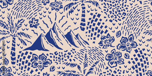 Tropical seamless pattern with hand drawn palm trees. Hawaiian florals summer background for fabric, textiles, clothing, poster, cover, decoration, banner, wallpaper, interior. Vector illustration.