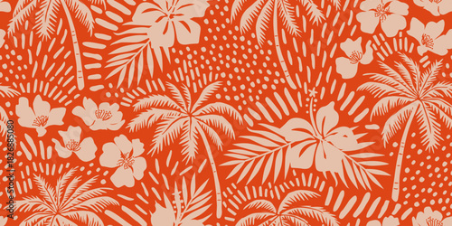 Tropical seamless pattern with hand drawn palm trees. Hawaiian florals summer background for fabric, textiles, clothing, poster, cover, decoration, banner, wallpaper, interior. Vector illustration.