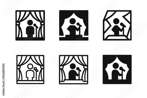 School Musical Logo Harmony. Singing for musical productions in schools. Icon set. Set Logo of singing for musical productions in schools: Music stage with