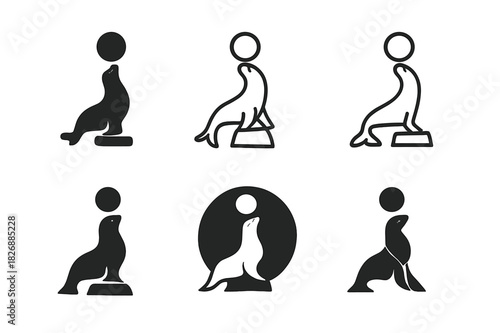 Circus Animals Icons. Circus animals and animal performances. Icon set. Set Logo of circus animals and animal performances: balancing seal with ball.