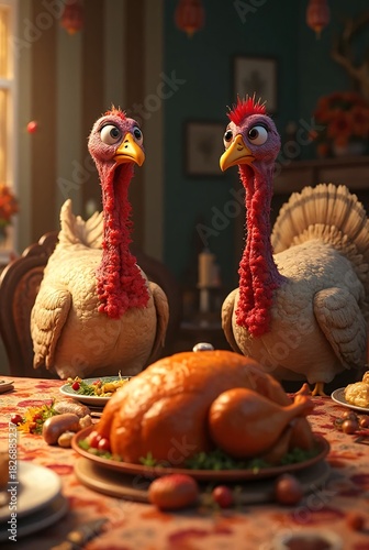 Two Turkeys Looking at a Thanksgiving Feast on a Family Table