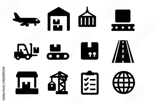 Air Freight Icons. Air Freight Terminals. Solid icon set of Air Freight Terminals: cargo plane, warehouse, shipping container, pallet, forklift, conveyor belt,