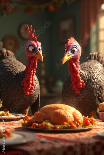 Two Animated Turkeys Staring at Thanksgiving Feast on Table