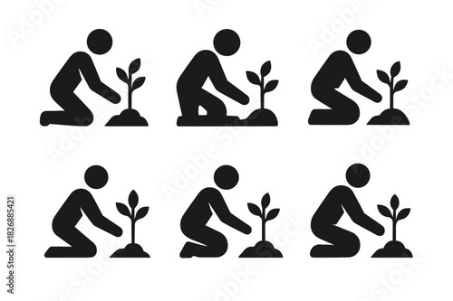 Volunteer Emblem Set. Volunteer in action. Icon set. Set Logo of volunteer in action: person planting tree. harmonious logo variations of the same emblematic